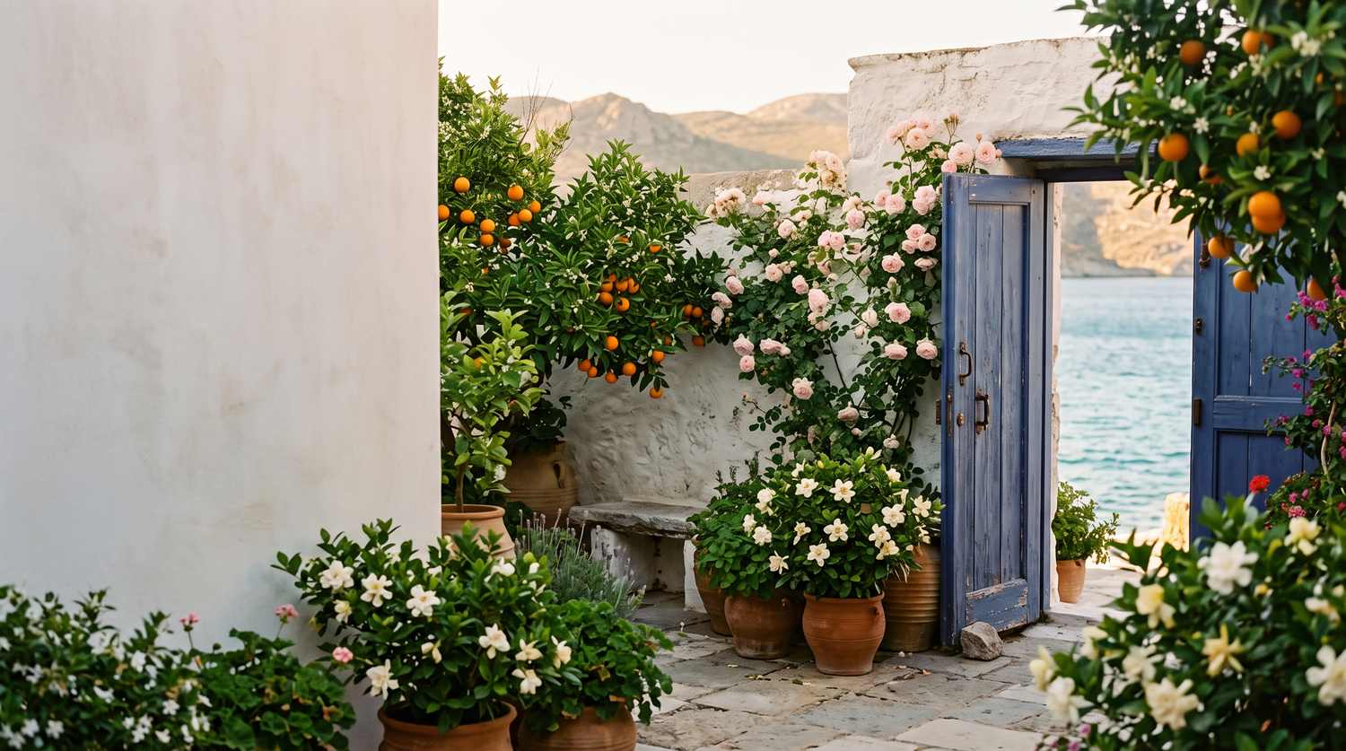 Mediterrán kert narancsfákkal, rózsákkal és gardéniákkal a tenger partján